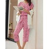 Ekouaer Women’s Capri Pajama Set Short Sleeve Mumu Pjs Pleated Top Capri Pants with Pockets Sleepwear Lounge Set(Pink Leopard Print)