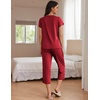 Ekouaer Women’s Capri Pajama Set Short Sleeve Mumu Pjs Pleated Top Capri Pants with Pockets Sleepwear Lounge Set(Wine Red)
