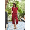 Ekouaer Women’s Capri Pajama Set Short Sleeve Mumu Pjs Pleated Top Capri Pants with Pockets Sleepwear Lounge Set(Wine Red)