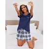 Ekouaer Womens Pajama Sets 2 Piece Soft Short Sleeve Top and Shorts Sleepwear Round Neck Pjs Lounge Set with Pockets(Navy Blue and White Plaid)