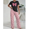 Ekouaer Womens Pajamas Sets 2 Piece Short Sleeve Lounge Set Printed Loose Pants Round Neck Pj Sets Loungewear(Black Pink Bows)