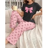 Ekouaer Womens Pajamas Sets 2 Piece Short Sleeve Lounge Set Printed Loose Pants Round Neck Pj Sets Loungewear(Black Pink Bows)