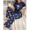 Ekouaer Womens Pajamas Sets 2 Piece Short Sleeve Lounge Set Printed Loose Pants Round Neck Pj Sets Loungewear(Navy Blue Coffee)