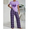 Ekouaer Womens Pajamas Sets 2 Piece Short Sleeve Lounge Set Printed Loose Pants Round Neck Pj Sets Loungewear(Plaid Purple)