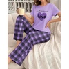 Ekouaer Womens Pajamas Sets 2 Piece Short Sleeve Lounge Set Printed Loose Pants Round Neck Pj Sets Loungewear(Plaid Purple)