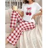 Ekouaer Womens Pajamas Sets 2 Piece Short Sleeve Lounge Set Printed Loose Pants Round Neck Pj Sets Loungewear(Plaid Red)
