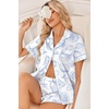 Ekouaer Womens Silk Satin Pajama Sets 2 Piece Button Down Silk Pjs Shorts Sets Cute Print Short Sleeve Sleepwear S-4XL(Blue Ocean Shell)