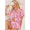 Ekouaer Womens Silk Satin Pajama Sets 2 Piece Button Down Silk Pjs Shorts Sets Cute Print Short Sleeve Sleepwear S-4XL(Pink Cherry Bow)