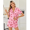 Ekouaer Womens Silk Satin Pajama Sets 2 Piece Button Down Silk Pjs Shorts Sets Cute Print Short Sleeve Sleepwear S-4XL(Pink Cherry Bow)