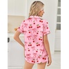 Ekouaer Womens Silk Satin Pajama Sets 2 Piece Button Down Silk Pjs Shorts Sets Cute Print Short Sleeve Sleepwear S-4XL(Pink Cherry Bow)