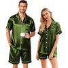 Ekouaer Couple Matching Pajamas Sets Silk Short Sleeve Button Down Sleepwear Satin Pjs Shorts Set Soft Loungewear S-XXL(Dark Army Green)