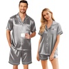 Ekouaer Couple Matching Pajamas Sets Silk Short Sleeve Button Down Sleepwear Satin Pjs Shorts Set Soft Loungewear S-XXL(Dark Grey)