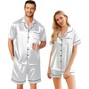 Ekouaer Couple Matching Pajamas Sets Silk Short Sleeve Button Down Sleepwear Satin Pjs Shorts Set Soft Loungewear S-XXL(Light Grey)