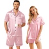Ekouaer Couple Matching Pajamas Sets Silk Short Sleeve Button Down Sleepwear Satin Pjs Shorts Set Soft Loungewear S-XXL(Pink)