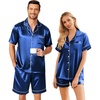 Ekouaer Couple Matching Pajamas Sets Silk Short Sleeve Button Down Sleepwear Satin Pjs Shorts Set Soft Loungewear S-XXL(Royal Blue)