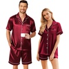 Ekouaer Couple Matching Pajamas Sets Silk Short Sleeve Button Down Sleepwear Satin Pjs Shorts Set Soft Loungewear S-XXL(Wine)