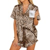 Ekouaer Womens Satin Pajamas Set Button Down 2 Piece Silk Pjs Shorts Set Ruffle Lingerie Notch Collar Sleepwear(Brown Leopard)