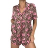 Ekouaer Womens Silk Satin Pajama Sets 2 Piece Button Down Silk Pjs Shorts Sets Cute Print Short Sleeve Sleepwear S-4XL(Brown Leopard With Pink Bow)