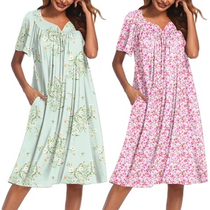 Ekouaer 2 Pack House Dresses for Women with Pockets Short Sleeve Moo Moos Floral Print Mumu Dresses(Floral Light Green/Floral Pink)