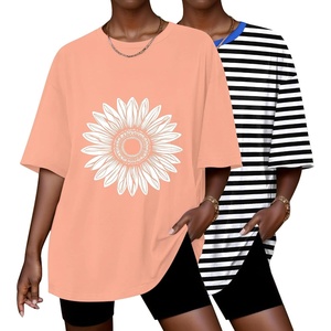 Ekouaer 2 Pack Womens Tops Short Sleeve Oversized T Shirts Summer Spring Tops 2025 Basic Casual Tee Top S-XXL(Light Tangerine/Striped)