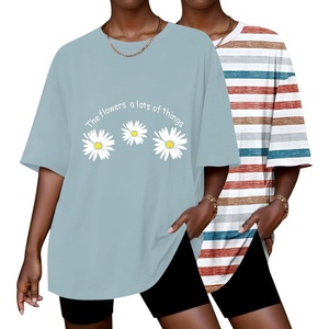 Ekouaer 2 Pack Womens Tops Short Sleeve Oversized T Shirts Summer Spring Tops 2025 Basic Casual Tee Top S-XXL(Stripe/Green Flower)