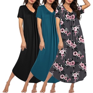 Ekouaer 3 Pack Long Nightgowns for Women Plus Size House Dress Short Sleeve Night Gown V Neck Casual Nightshirt M-5XL(Black/Blue Green/Purple Flowers)