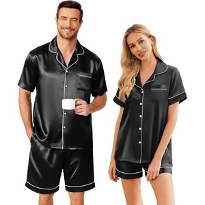 Ekouaer Couple Matching Pajamas Sets Silk Short Sleeve Button Down Sleepwear Satin Pjs Shorts Set Soft Loungewear S-XXL(Black)