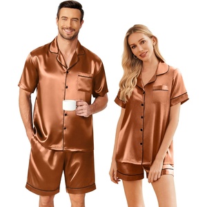 Ekouaer Couple Matching Pajamas Sets Silk Short Sleeve Button Down Sleepwear Satin Pjs Shorts Set Soft Loungewear S-XXL(Brown)