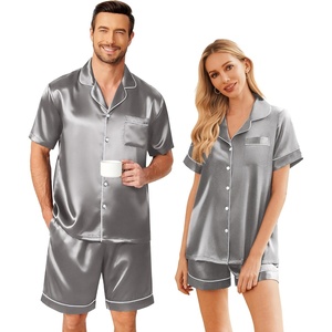 Ekouaer Couple Matching Pajamas Sets Silk Short Sleeve Button Down Sleepwear Satin Pjs Shorts Set Soft Loungewear S-XXL(Dark Grey)