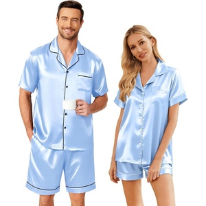 Ekouaer Couple Matching Pajamas Sets Silk Short Sleeve Button Down Sleepwear Satin Pjs Shorts Set Soft Loungewear S-XXL(Light Blue)
