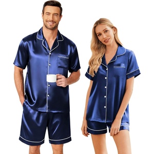 Ekouaer Couple Matching Pajamas Sets Silk Short Sleeve Button Down Sleepwear Satin Pjs Shorts Set Soft Loungewear S-XXL(Navy)