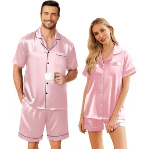 Ekouaer Couple Matching Pajamas Sets Silk Short Sleeve Button Down Sleepwear Satin Pjs Shorts Set Soft Loungewear S-XXL(Pink)
