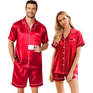 Ekouaer Couple Matching Pajamas Sets Silk Short Sleeve Button Down Sleepwear Satin Pjs Shorts Set Soft Loungewear S-XXL(Red)
