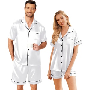 Ekouaer Couple Matching Pajamas Sets Silk Short Sleeve Button Down Sleepwear Satin Pjs Shorts Set Soft Loungewear S-XXL(White)
