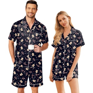 Ekouaer Couple Matching Pajamas Sets Silk Short Sleeve Button Down Sleepwear Satin Pjs Shorts Set Soft Loungewear S-XXL(Xmas Gingerbread)