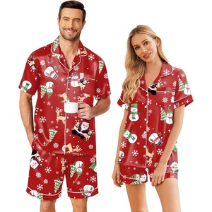 Ekouaer Couple Matching Pajamas Sets Silk Short Sleeve Button Down Sleepwear Satin Pjs Shorts Set Soft Loungewear S-XXL(Xmas Red)