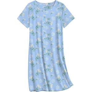 Ekouaer Nightgowns for Women Cotton Sleep Shirts Short Sleeve Nightshirt Crew Neck Night Gown Comfy Sleepwear Nightdress(Blue Flowers)