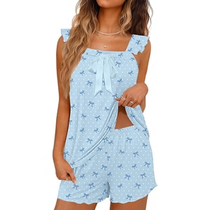 Ekouaer Pajama for Women 2 Piece Soft Pjs Sets Bow Tank Top and Shorts Set Bridal Ruffle Pajamas for Women XS-2XL(Bow Dot)