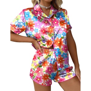 Ekouaer Silk Satin Pajama Set for Women Button Down Short Sleeve Top and Shorts Pjs Sets Sleepwear Gifts for Party S-5XL(Bright Floral Print)