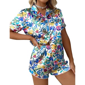 Ekouaer Silk Satin Pajama Set for Women Button Down Short Sleeve Top and Shorts Pjs Sets Sleepwear Gifts for Party S-5XL(Colorful Botanical Print)