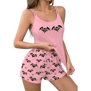 Ekouaer Womens Cami Pajama Set Sexy Tank Top and Shorts Set Sleeveless Racerback Pjs Summer Soft Sleepwear S-XXL(Pink Bat)