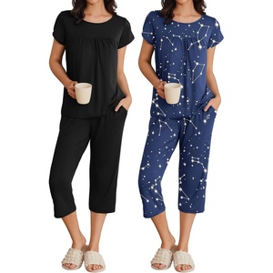 Ekouaer Women’s Capri Pajama Set Short Sleeve Mumu Pjs Pleated Top Capri Pants with Pockets Sleepwear Lounge Set(2 Pack-black/Blue Stars)