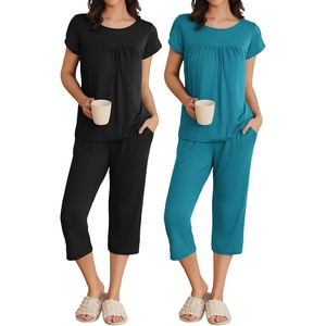 Ekouaer Women’s Capri Pajama Set Short Sleeve Mumu Pjs Pleated Top Capri Pants with Pockets Sleepwear Lounge Set(2 Pack-black/Deep Blue)