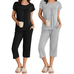 Ekouaer Women’s Capri Pajama Set Short Sleeve Mumu Pjs Pleated Top Capri Pants with Pockets Sleepwear Lounge Set(2 Pack-black/Light Grey)