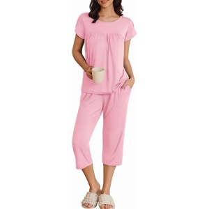 Ekouaer Women’s Capri Pajama Set Short Sleeve Mumu Pjs Pleated Top Capri Pants with Pockets Sleepwear Lounge Set(Deep Pink)