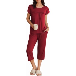 Ekouaer Women’s Capri Pajama Set Short Sleeve Mumu Pjs Pleated Top Capri Pants with Pockets Sleepwear Lounge Set(Wine Red)