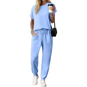Ekouaer Womens Cotton Matching Lounge Sets Short Sleeve Top and Jogger Pants Set Fashion Casual Outfits(Blue)