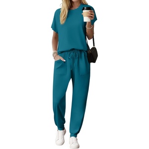Ekouaer Womens Cotton Matching Lounge Sets Short Sleeve Top and Jogger Pants Set Fashion Casual Outfits(Blue Green)
