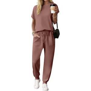 Ekouaer Womens Cotton Matching Lounge Sets Short Sleeve Top and Jogger Pants Set Fashion Casual Outfits(Brown)
