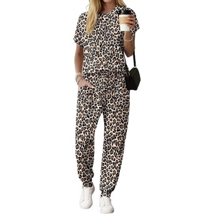 Ekouaer Womens Cotton Matching Lounge Sets Short Sleeve Top and Jogger Pants Set Fashion Casual Outfits(Brown Leopard)